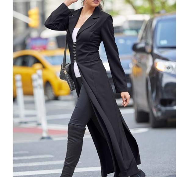 Venus Corset Back Maxi Trench Coat in Black Sz 4 EUC - Picture 1 of 6